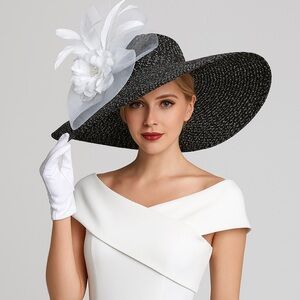 Kentucky Derby Hat Black White Wide Brim White Feather Floral Fascinator Accent